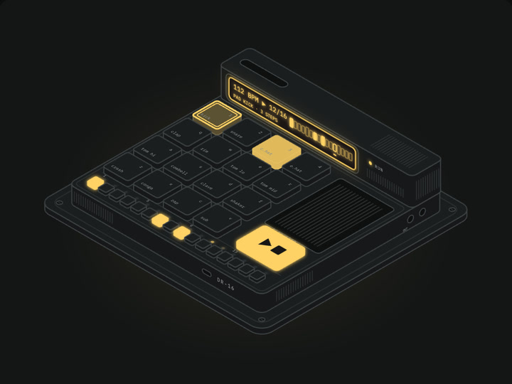 Isometric drum machine with lit pads and a step display.