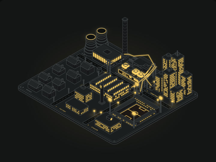 Isometric miniature city with a power plant and lit districts.